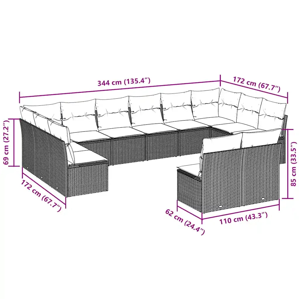 Set Divano Giardino 12 pz con Cuscini Grigio Chiaro Polyrattan