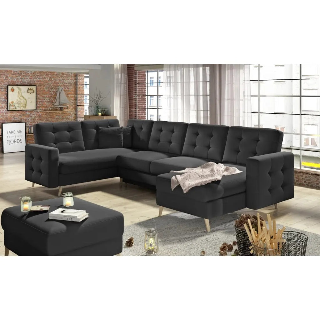 Divano angolare panoramico convertibile HASGARD U 326 cm nero con contenitore
