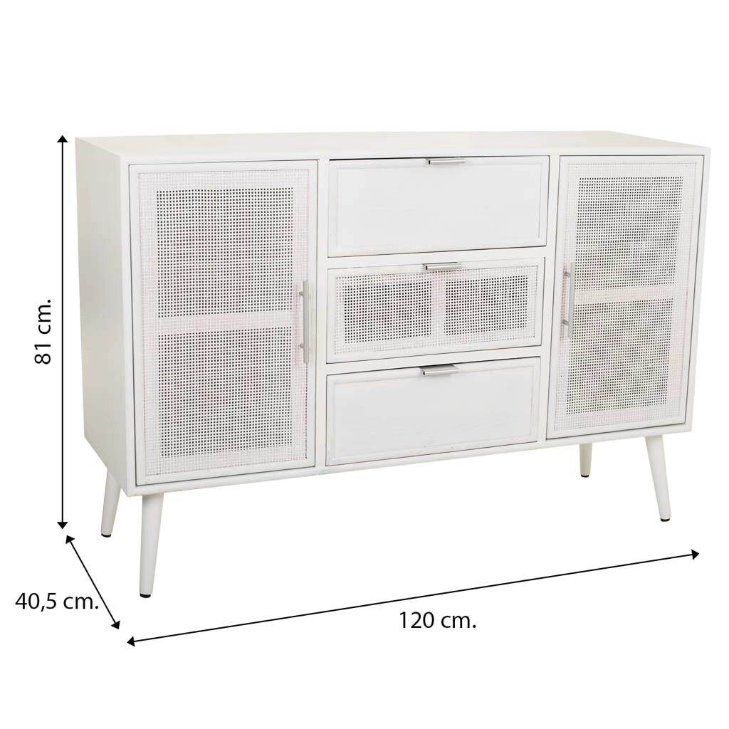 Credenza in legno e rete bianca 120x40,5x81h