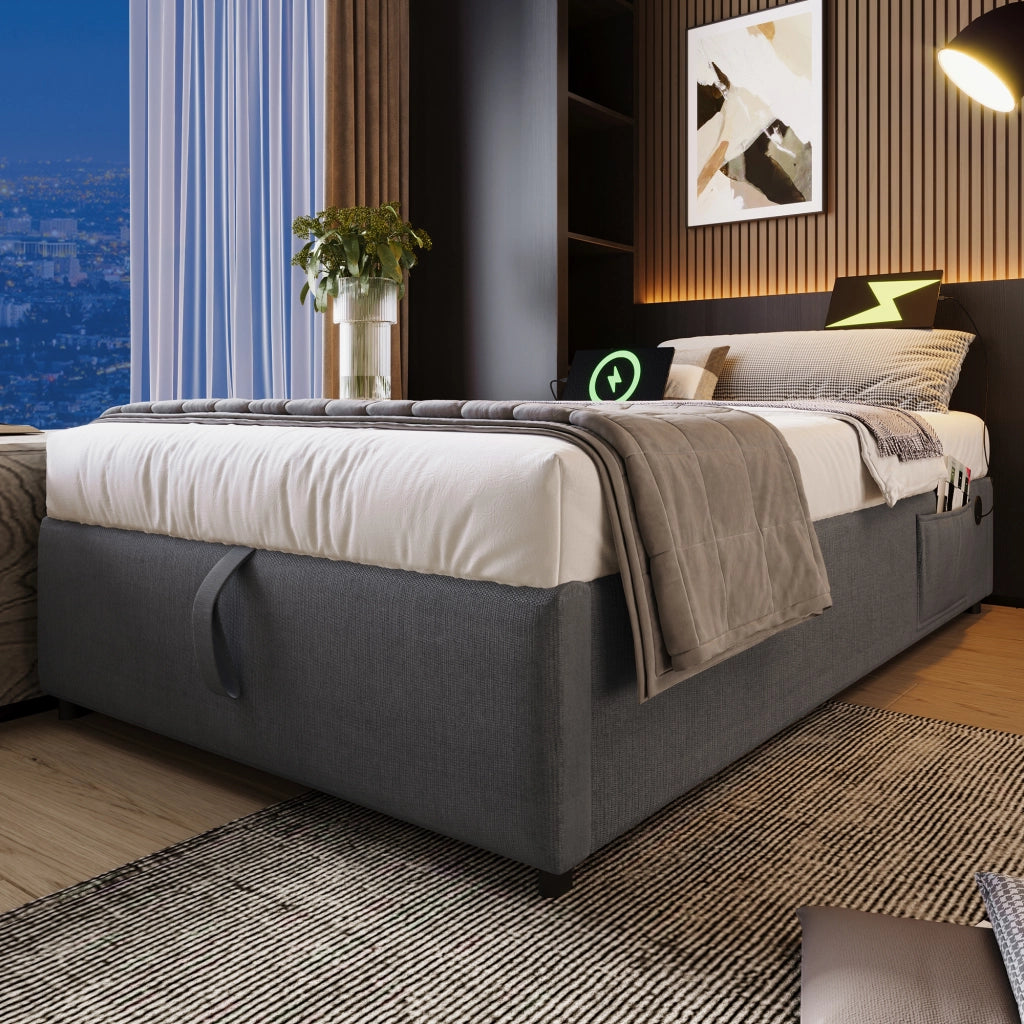 LETTO contenitore 90x200 cm con USB e Type-C tessuto grigio