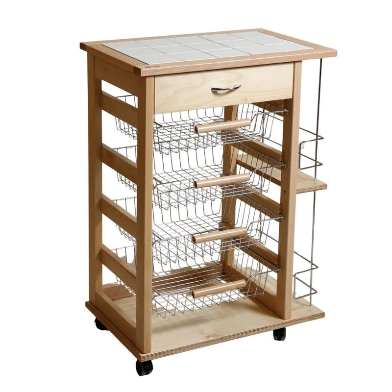 CARRELLO VESUVIO CON CASSETTO+PORTABOTTIGLIE NATURALEIN FAGGIO E BASE INFERIORE MULTISTRATO DI BETULLA 1 CASSETTO 4 CESTELLI