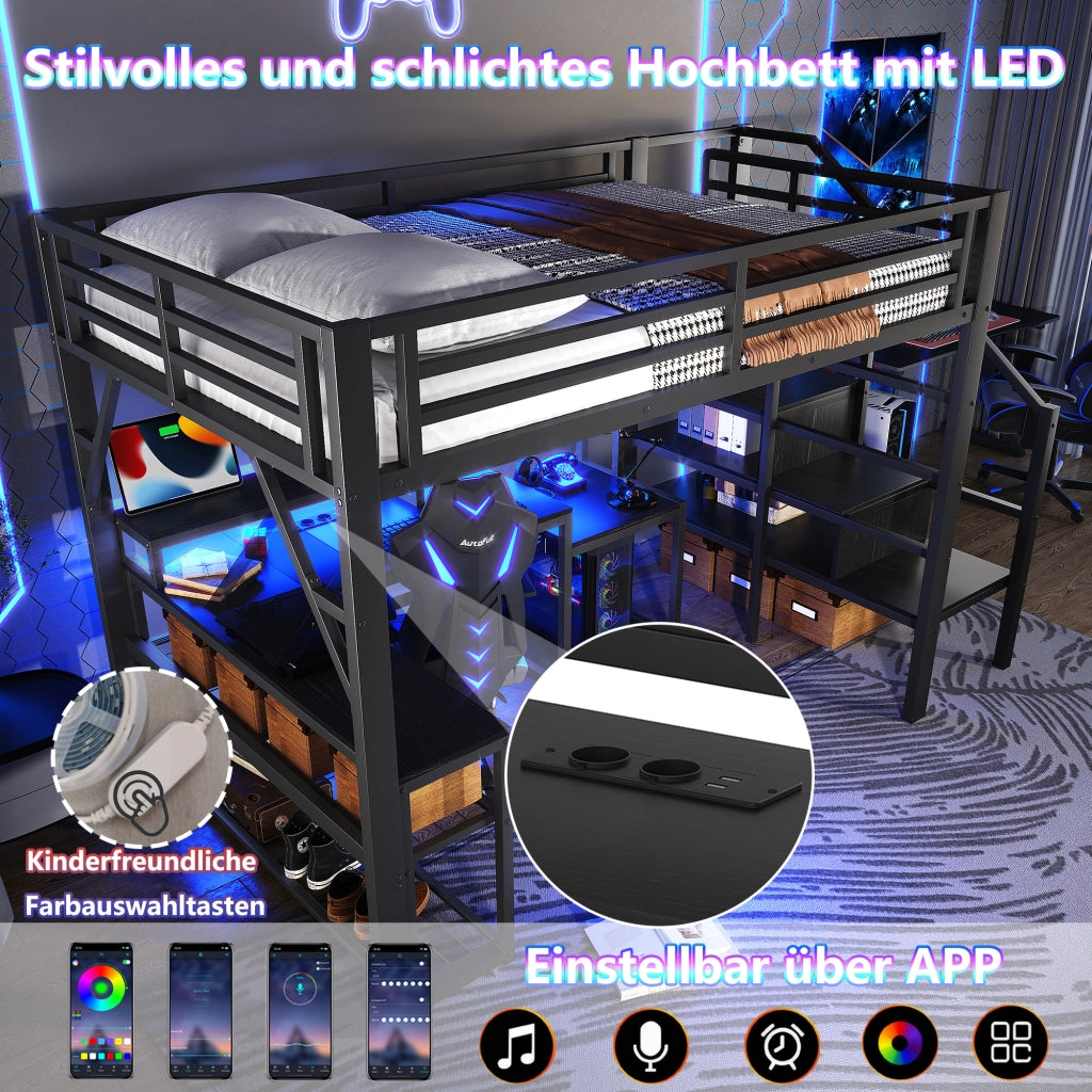 Letto castello 140x200 ferro scala ringhiere LED scrivania USB nero