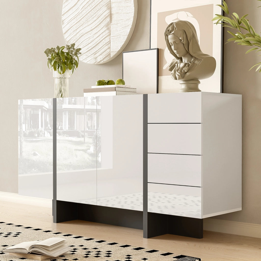 Credenza bianca lucida con 2 ante e 4 cassetti, design moderno, struttura in MDF e pannelli truciolari, 150 x 40 x 80,5 cm