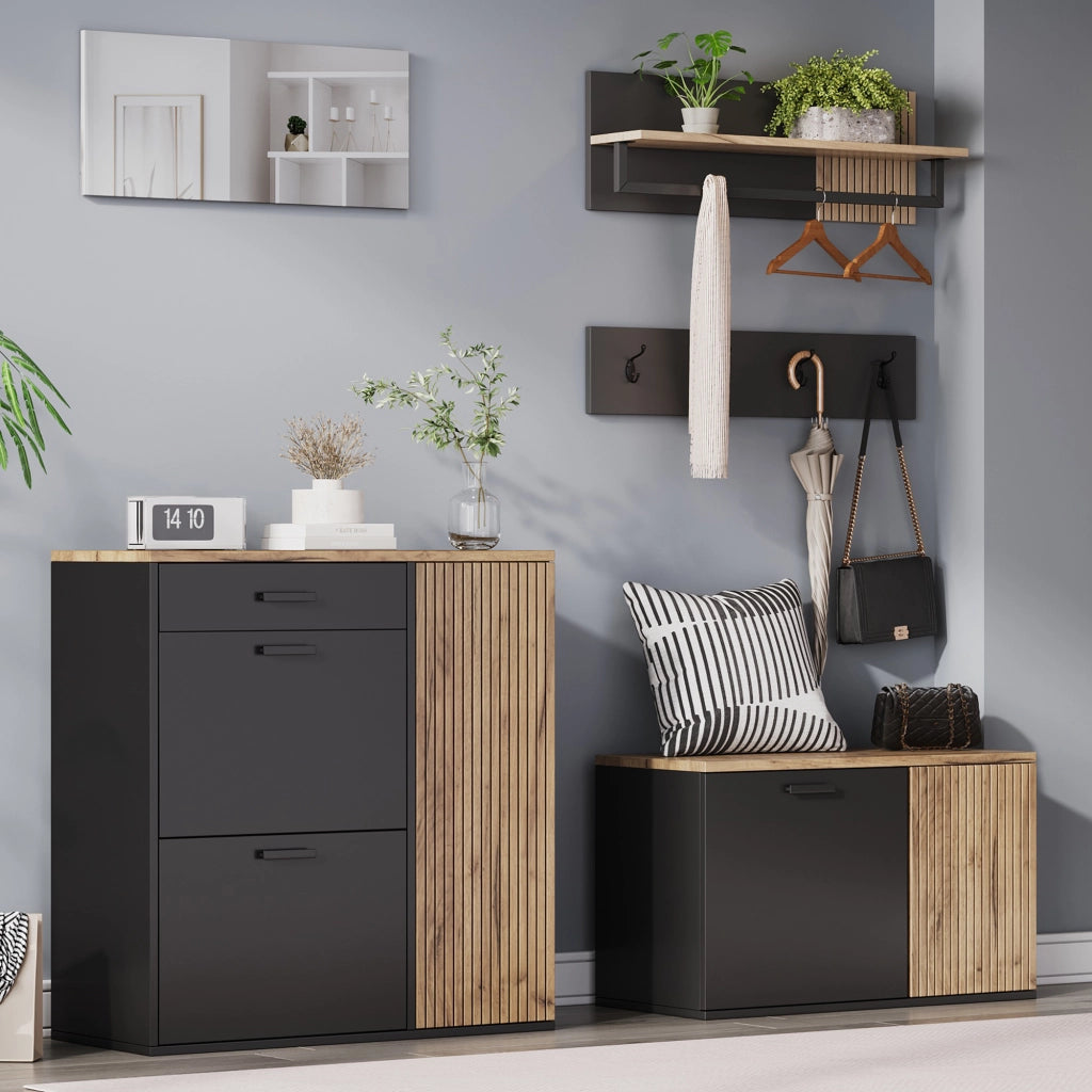 Set da ingresso a 5 pezzi con 2 mobili, specchio, mensola e 4 ganci, colore naturale e nero