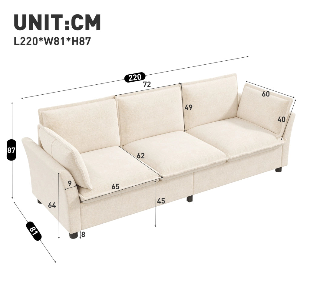 Divano modulare 3 posti in chenille; 220 x 81 x 87 cm; beige