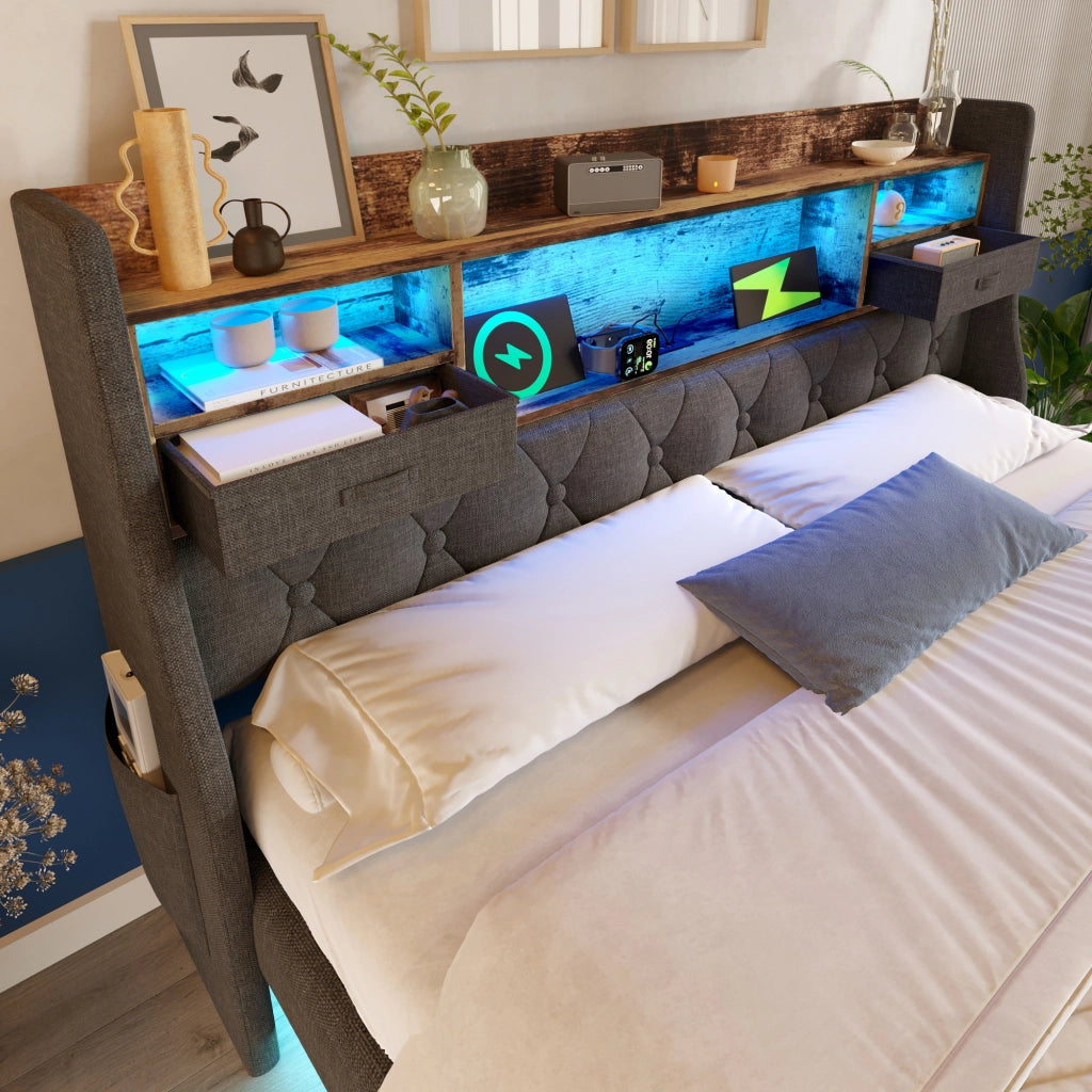 LETTO 140x200 cm in lino grigio con LED e porte USB Type-C