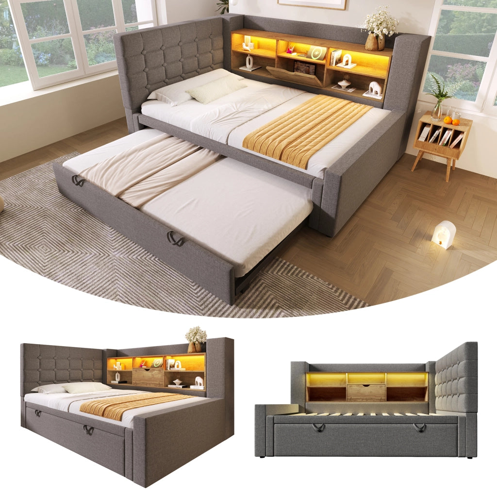 LETTO estraibile 90x200 cm in lino grigio con LED e porte USB