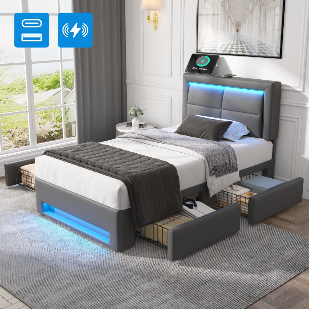 LETTO Polsterbett 90x200 cm con USB, LED e 4 cassetti, grigio