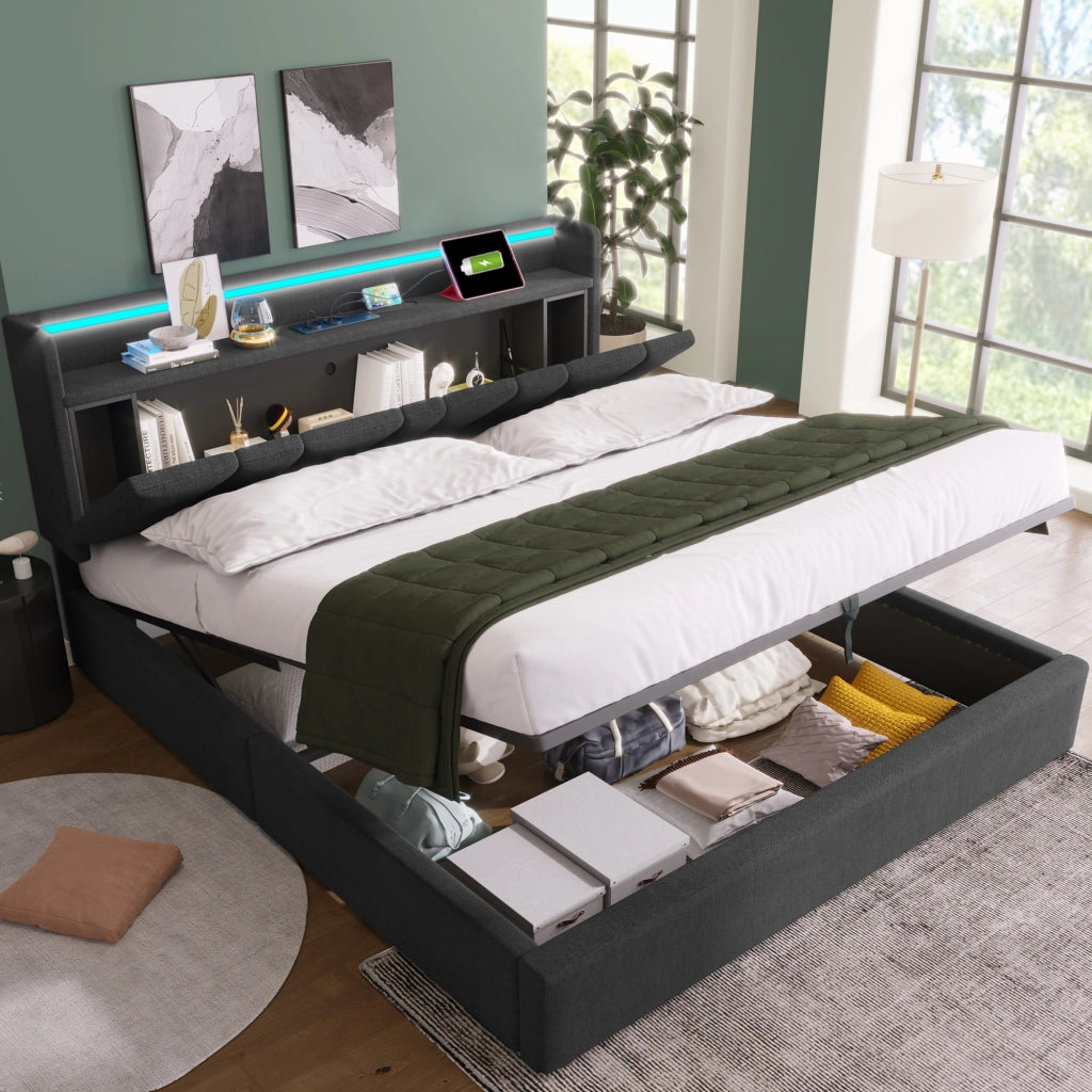 Letto doppio imbottito; 160x200cm; con testiera USB e LED; grigio