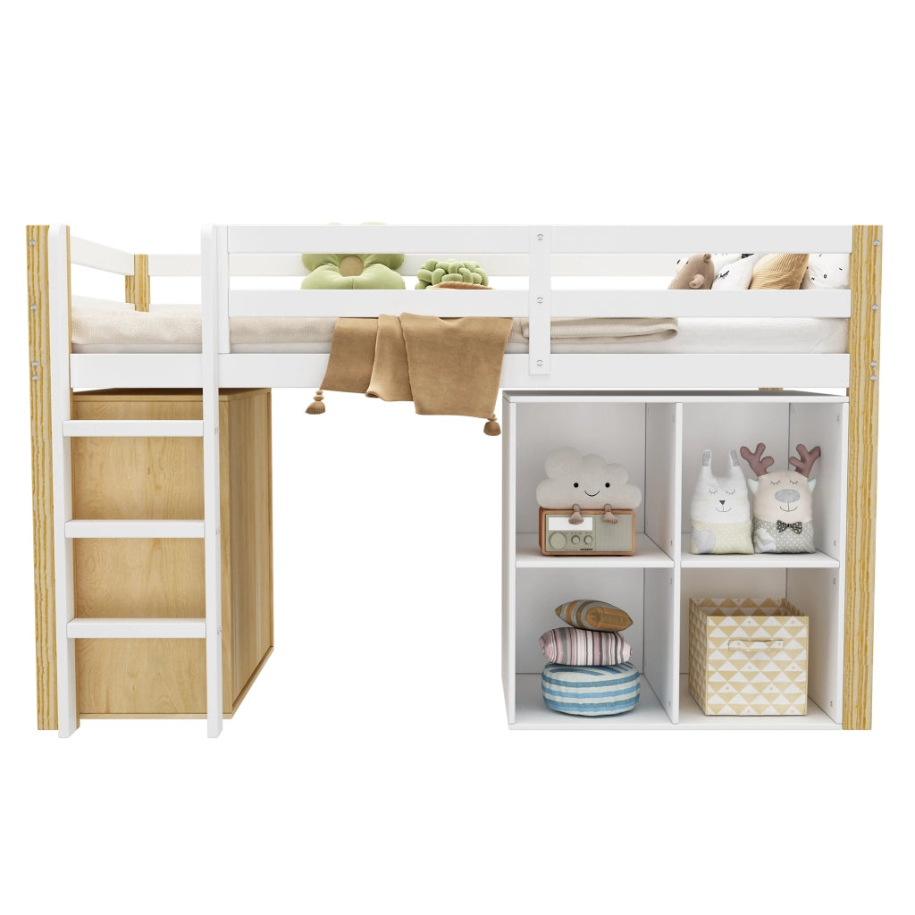 Letto a soppalco multifunzionale per bambini 90 x 200 cm con 2 armadi contenitori e scala, Naturale + Bianco