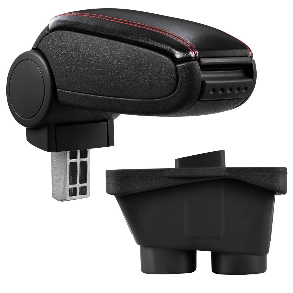 Bracciolo centrale per Peugeot 208 con scomparto imbottito in similpelle nera con cuciture rosse 03_0000614
