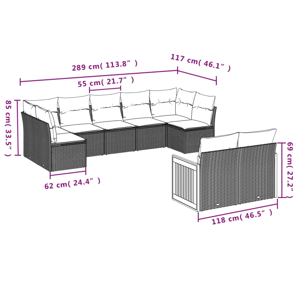 Set Divano da Giardino 9 pz con Cuscini Grigio in Polyrattan 3227971