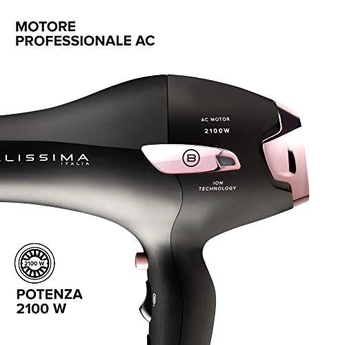 Bellissima 11858 P7 3200 Asciugacapelli 2100 W Ionizzatore Motore AC 2 Velocita' 3 Temperature Diffusore Ricci Custodia da Viaggio colore Nero Rosa