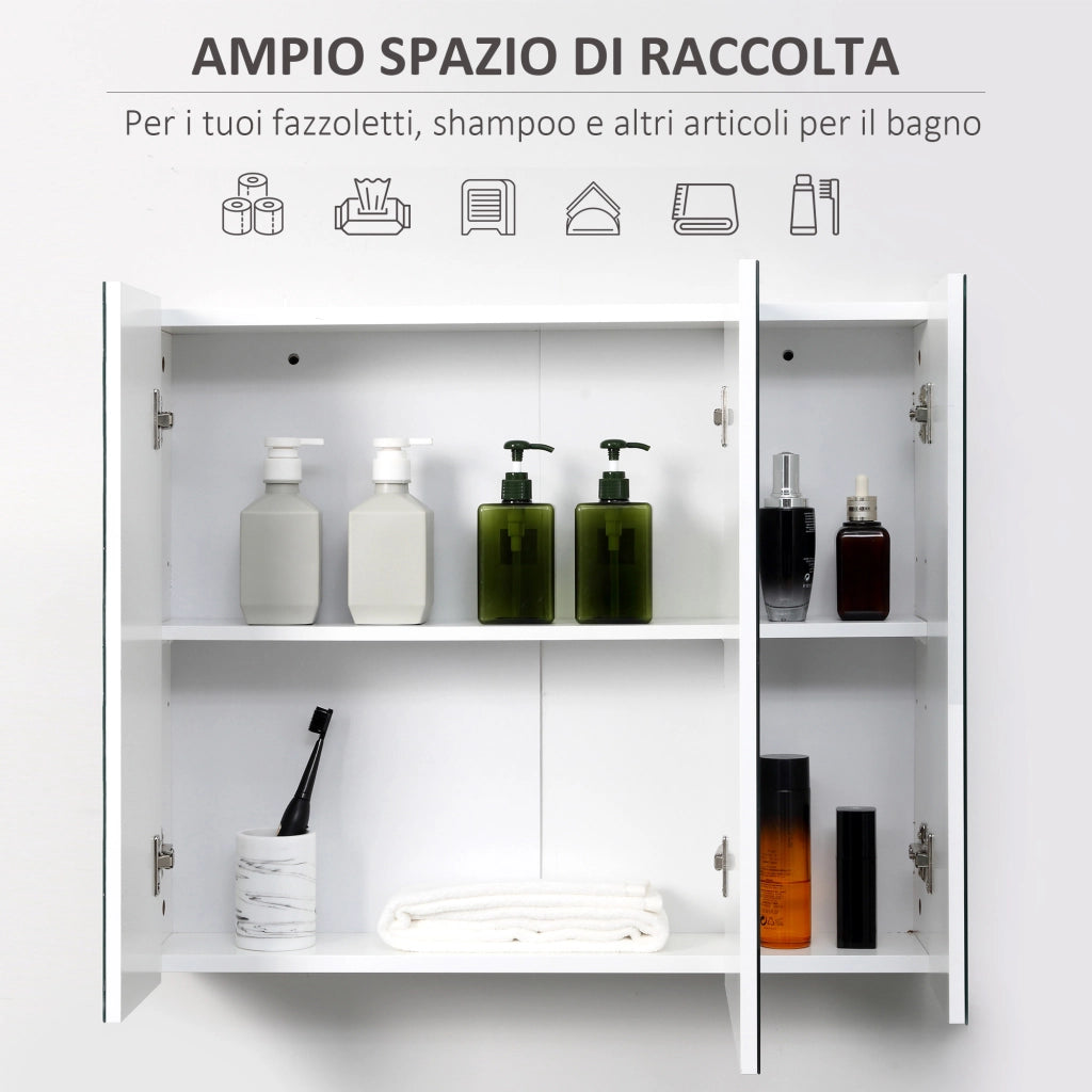 Mobile Bagno con 3 Ante Specchiate e Ripiani Regolabili ¨C zephmum ¨C 70x15x60cm, Bianco