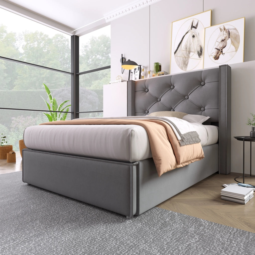 LETTO Imbottito con contenitore 90x200 cm Cotone Grigio