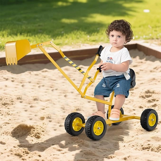 Escavatore per Bambini, Scavatore per Sabbiera con Comandi a 2 Mani e Pala Flessibile, Sedile Rotante a 360°, 4 Ruote, Ideale per Bambini 3 Anni+ (con Ruote Giallo)
