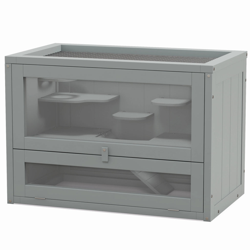 Casetta per Criceti 2 Livelli in Legno con Scale e Piattaforme ¨C Minimal ¨C 60x35x42 cm Grigio