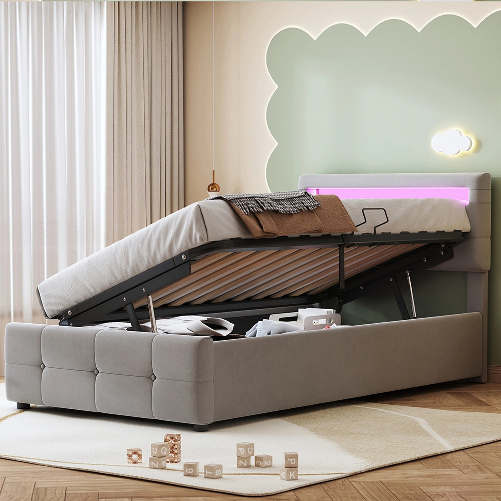 Letto a cassone imbottito per bambini - Xylo - 90x200 cm - Grigio - Illuminazione LED, testiera regolabile