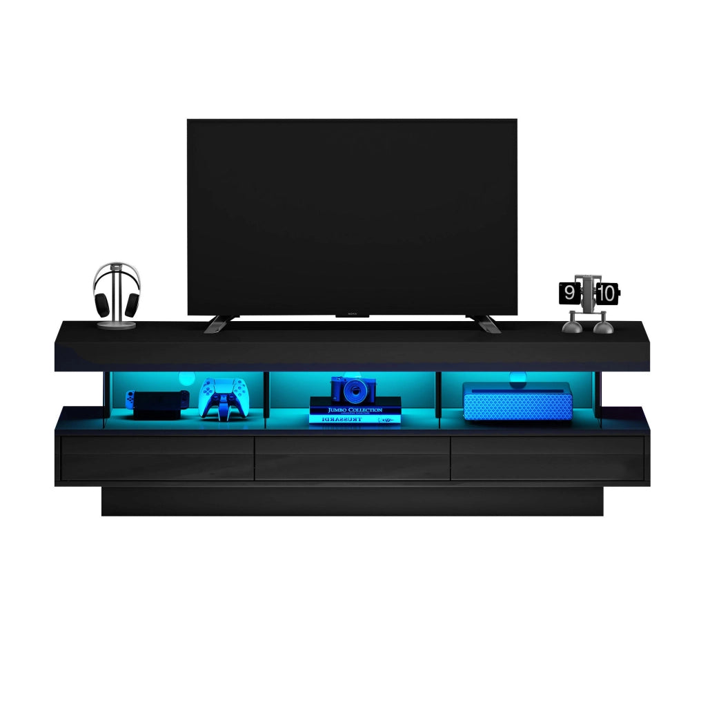 Mobile TV 160x38x50.5 cm con 3 ripiani in vetro e LED via app Bluetooth in truciolato nero