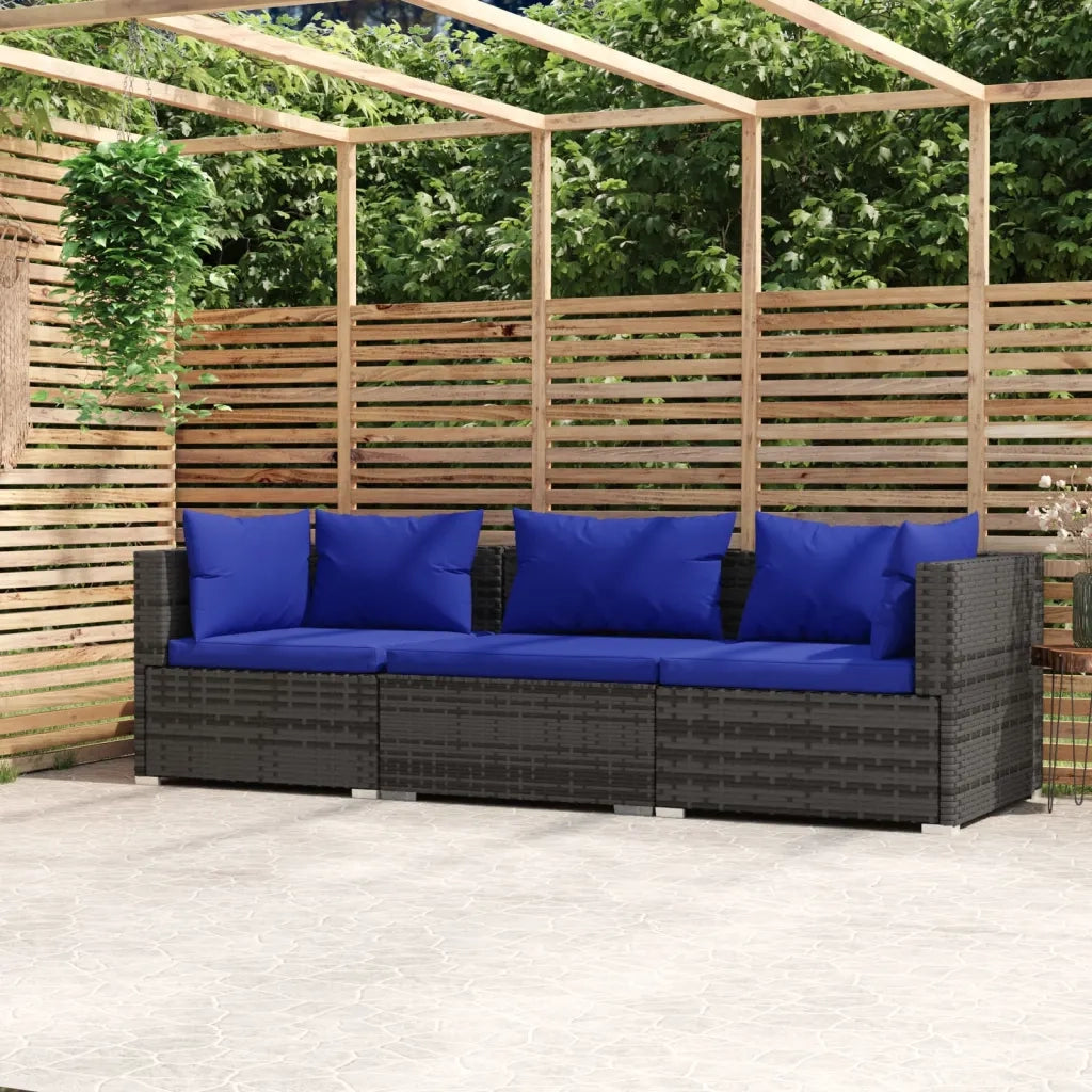 Divano a 3 Posti con Cuscini-Sofa 3 Posti con Cuscini in Polyrattan Grigio