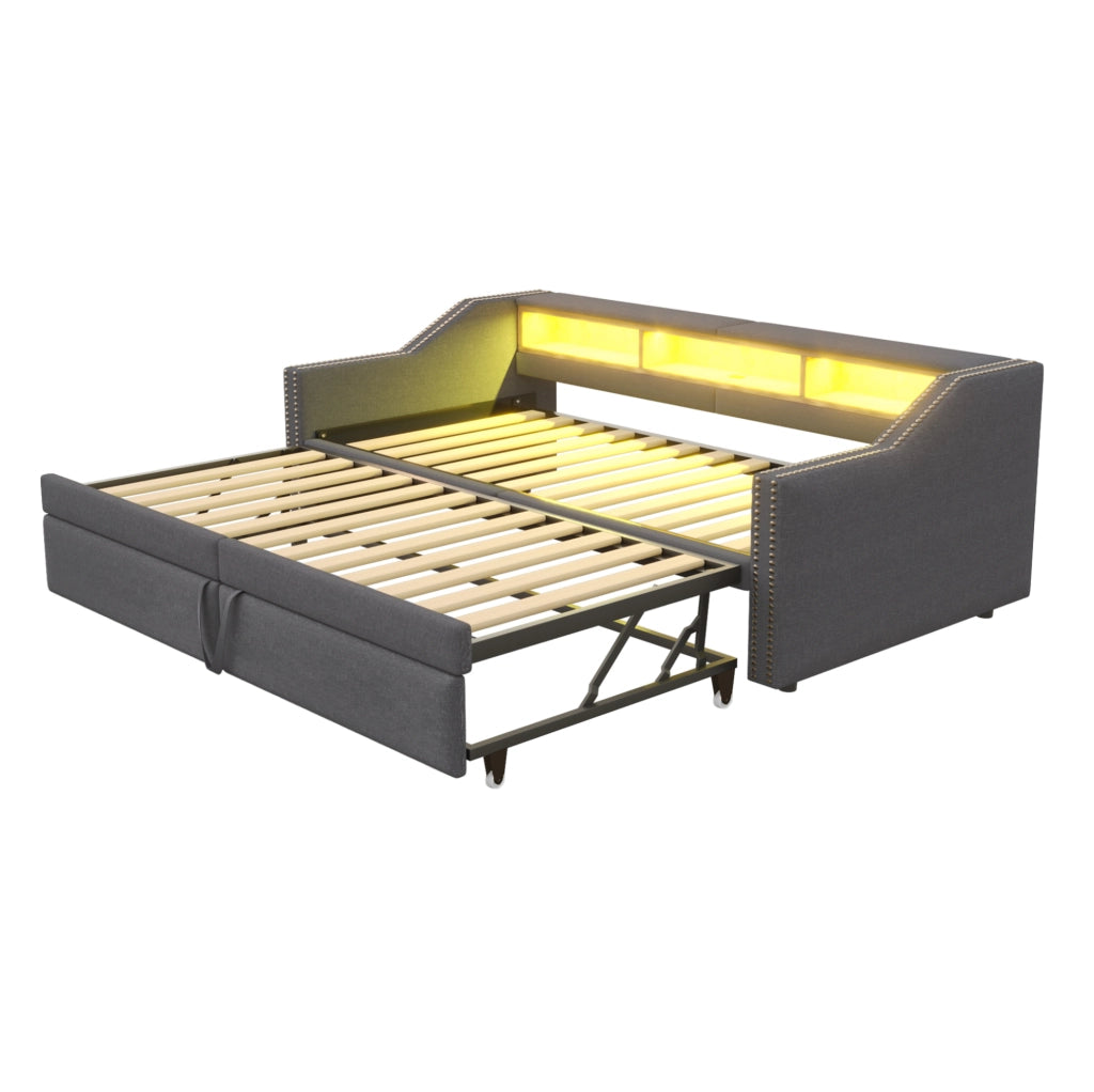 Divano letto estraibile 90/180x200 cm con LED, USB e vani laterali