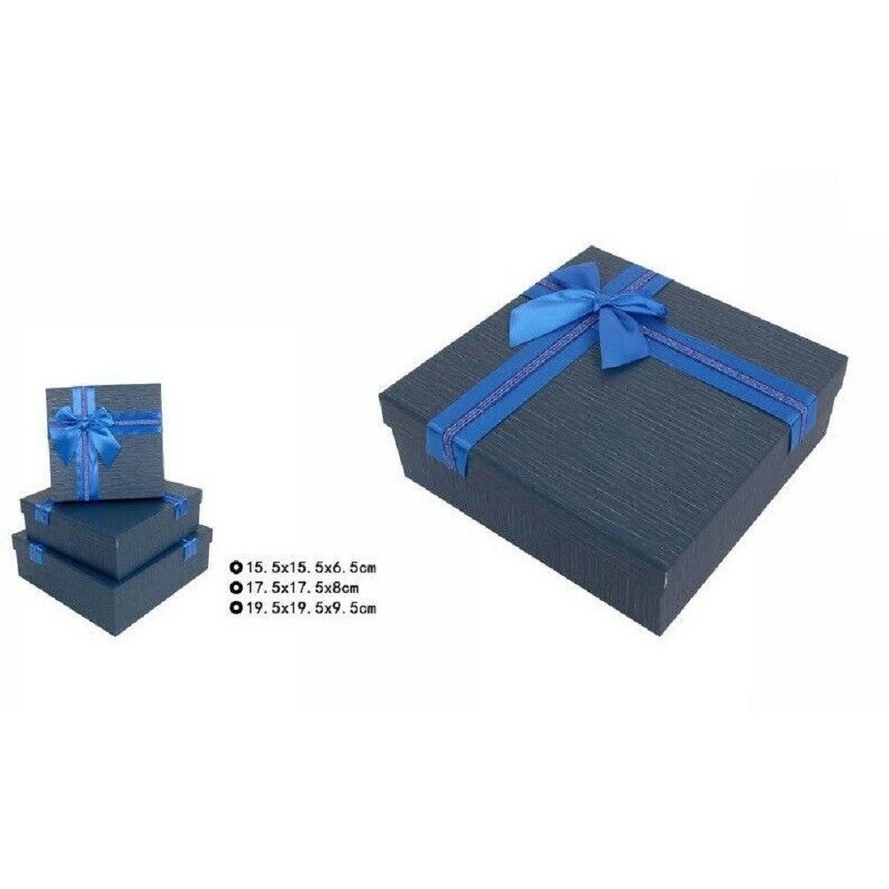 Trade Shop - Set 3 Pezzi Scatole Box Per Regali Varie Misure Quadrate Blu Con Fiocco 69347 -