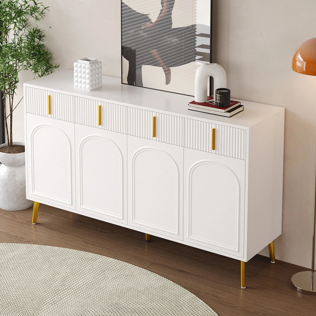 Sideboard moderno bianco 140 cm con 4 cassetti, 4 ante, ripiani regolabili e dettagli oro