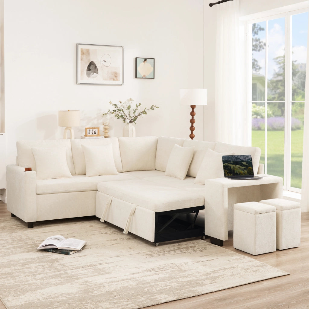 Divano angolare convertibile con vano contenitore; USB e USB-C; 4 cuscini; chenille beige