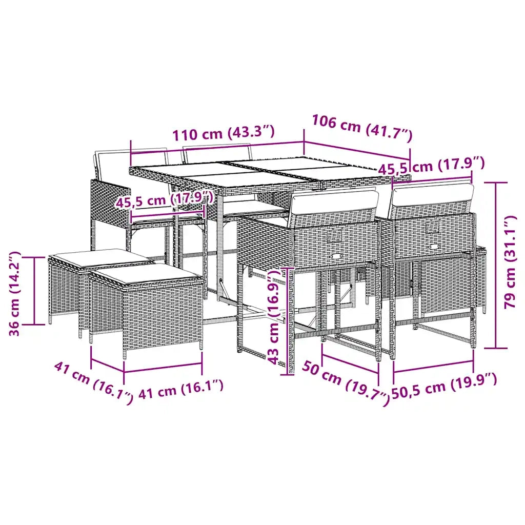Set da Pranzo da Giardino 9 pz con Cuscini Nero in Polyrattan 3211323
