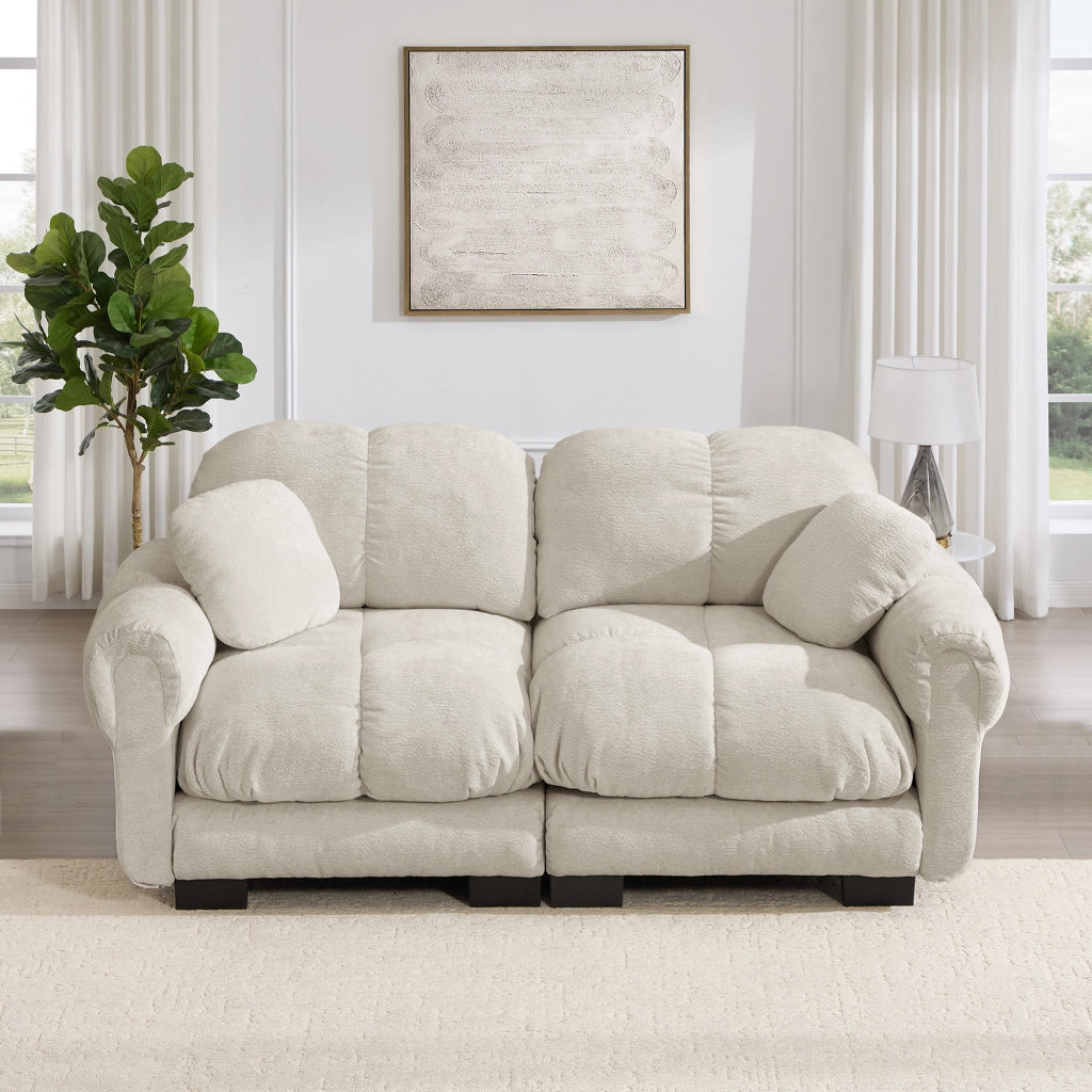 Divano dritto 2 posti modulare con cuscini trapuntati e cuscino lombare in Chenille, Beige chiaro