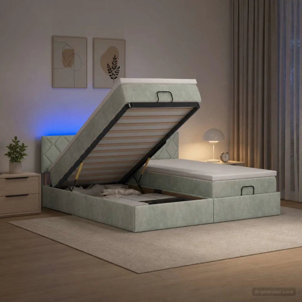 Letto Ottomano con Materasso e LED Grigio Chiaro 200 x 200 cm 3457356