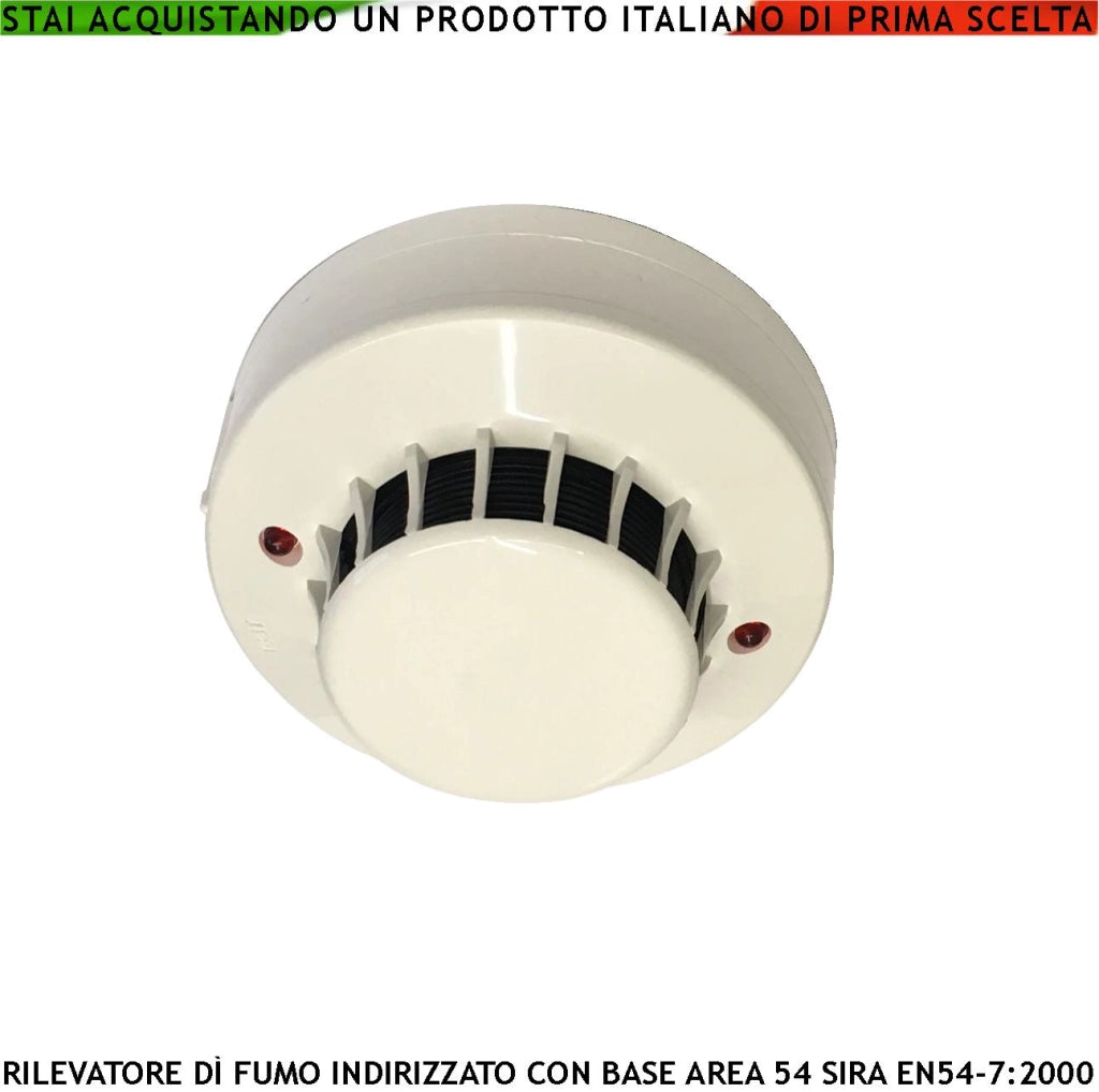 Rilevatore Ottico di Fumo Indirizzato Con Base Codice Tramite 10 Dipswitch Collegamento loop 2 Led Rossi Segnalano lo Stato dell'Impianto Uscita OC 100 mA per Segnalatore Ottico Remoto Sensore Fumo per Centrali Serie AREA54 SIRA