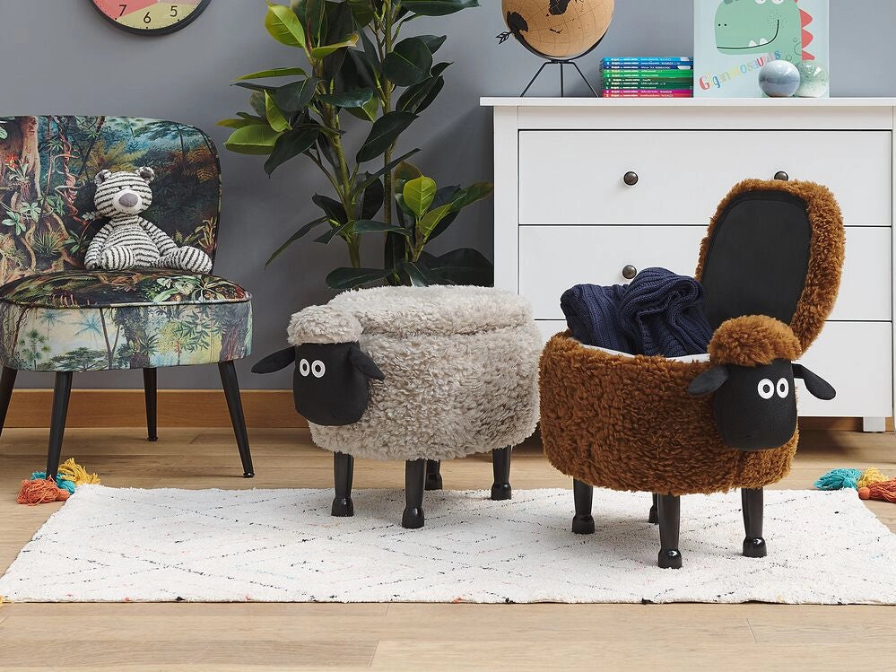Pouf animaletto Sgabello per bambini Poggiapiedi in pelliccia sintetica marrone con gambe in legno portaoggetti Seggiolino per bambini