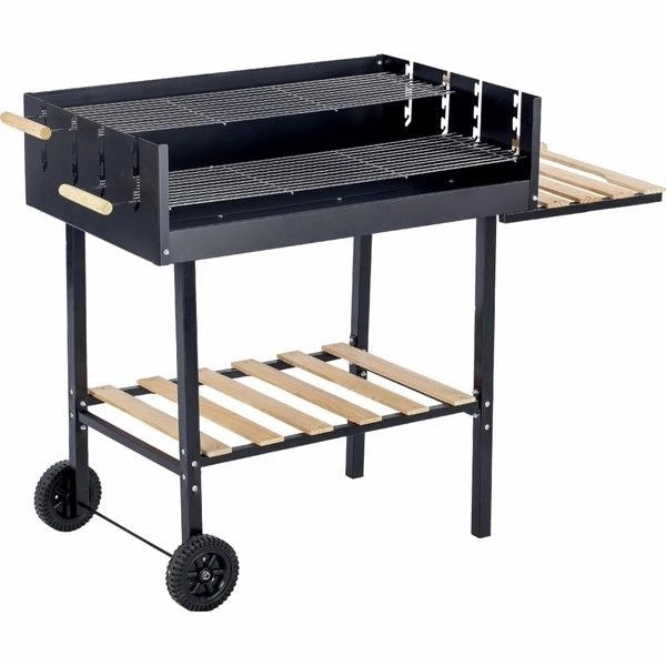 BARBECUE A CARBONE IN METALLO DOPPIA GRIGLIA INOX CON RIPIANO E RUOTE 118X56 CM