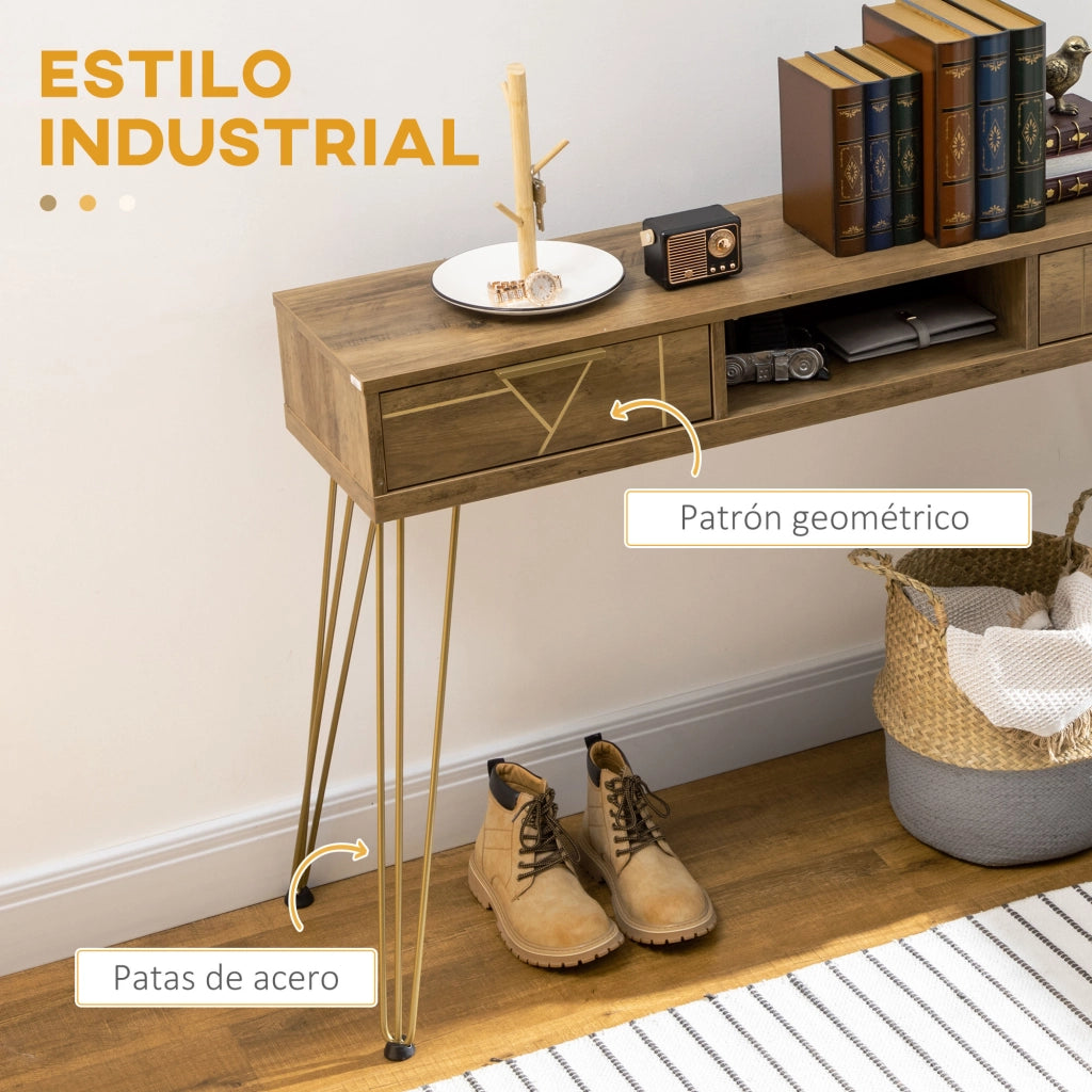 Consolle Ingresso con 2 Cassetti e Ripiano Aperto ¨C Minimal ¨C Legno e Bronce 120x29x79 cm