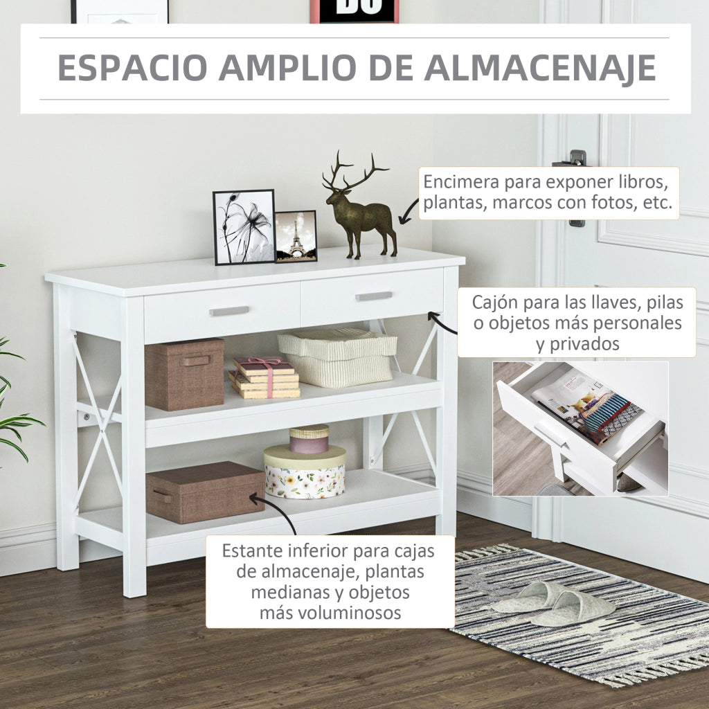 Tavolo console con 2 cassetti e ripiani ¨C Minimal ¨C Bianco 105x40x76 cm