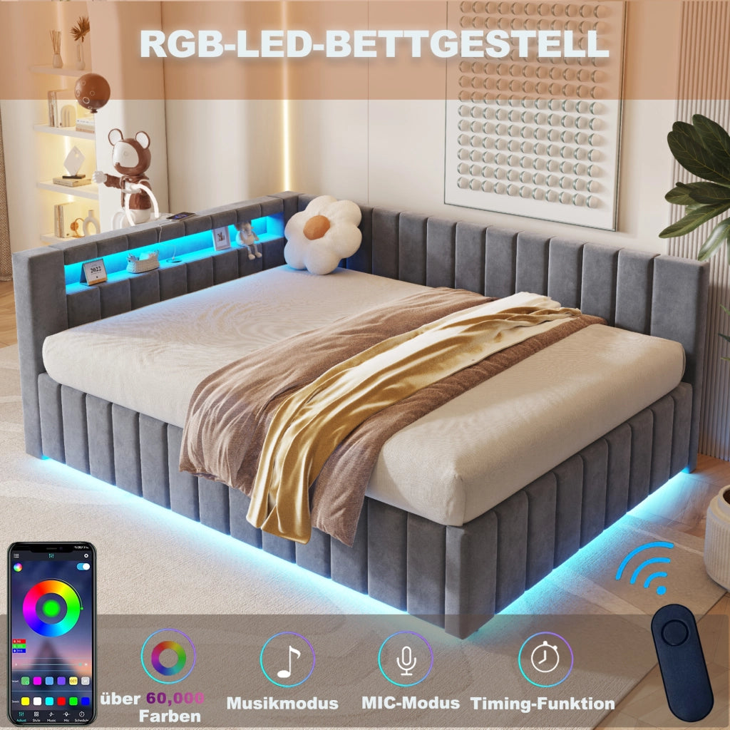LETTO Contenitore 140x200 cm in velluto grigio con LED e USB
