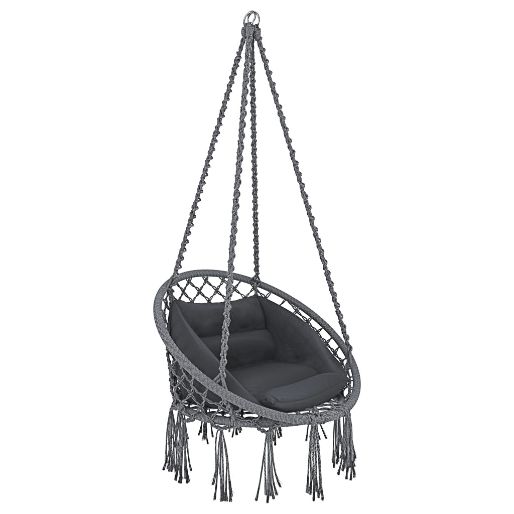 Poltrona Sospesa Pensile Da Giardino Con Corda In Cotone Effetto Macramè E Struttura In Acciaio Cuscino Sedia Dondolo Amaca Con Seduta Imbottita Esterno Terrazzo Design Moderno Fino A 160 Kg Grigio