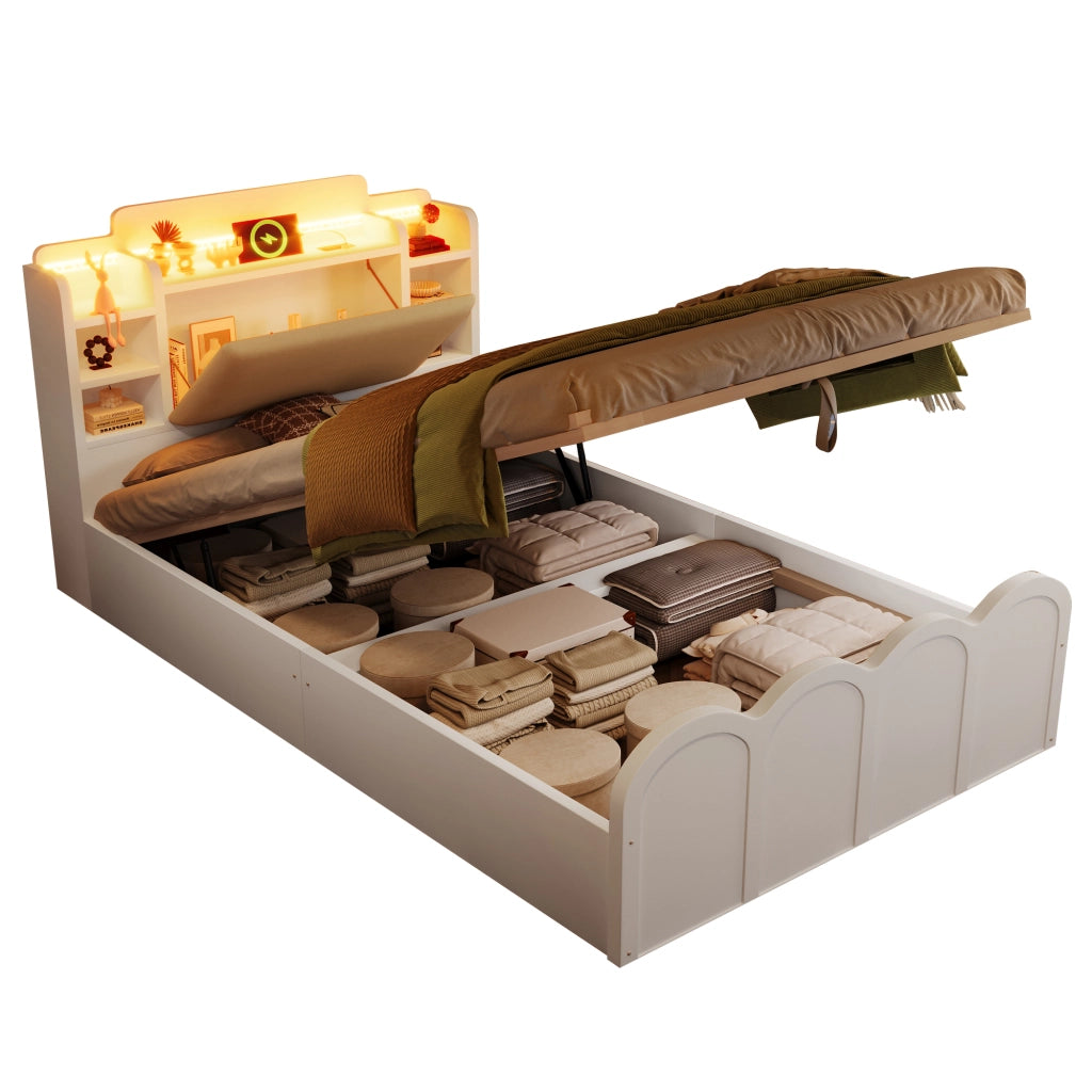 Letto Contenitore con LED e USB ¨C MINIMAL ¨C 90x200, Bianco, Idraulico