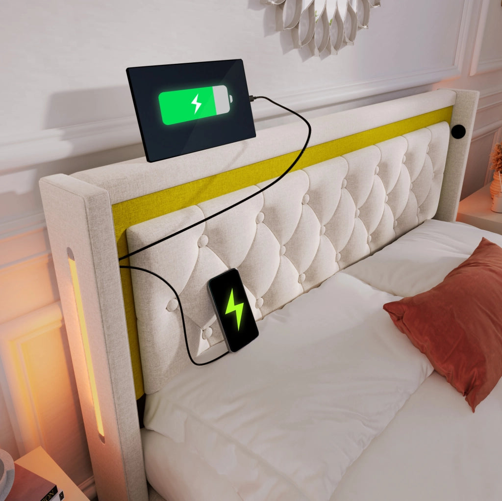 Letto matrimoniale con LED, contenitore e porte USB Type-C