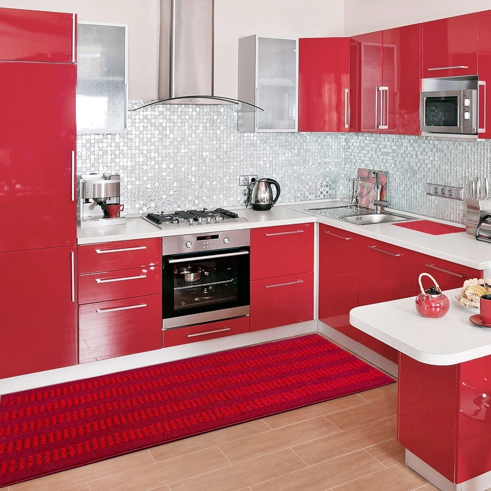 Tappeto Cucina Morbido 3D Assorbente Lavabile Antiscivolo Passatoia Bordata A Righe 57x230 Bordeaux