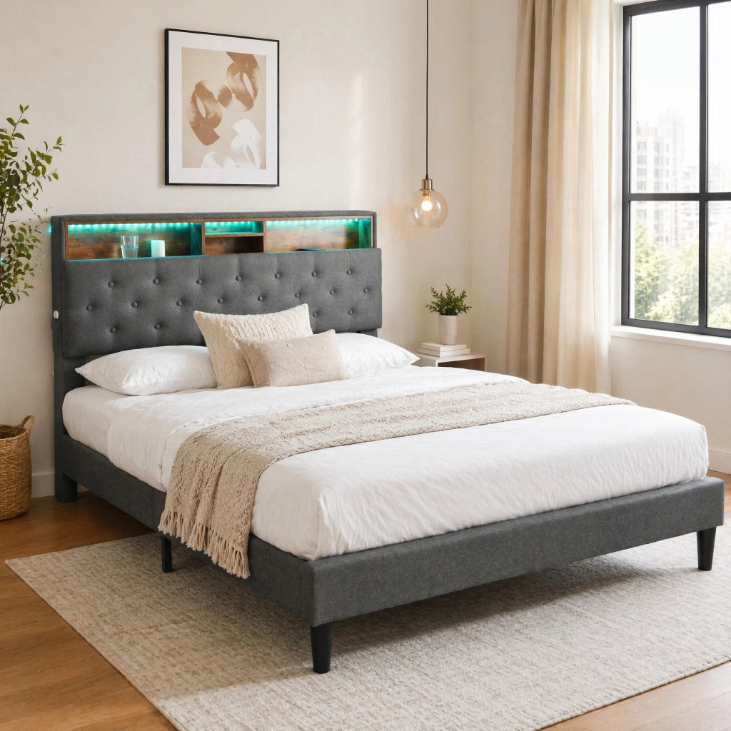 LETTO imbottito 140x200 cm grigio con testiera contenitore e LED