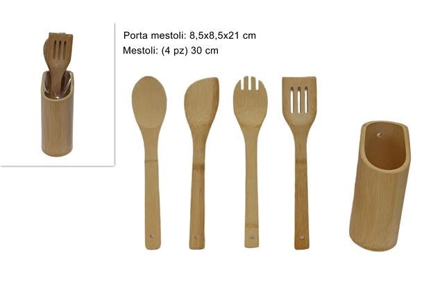 Portamestoli da Cucina con Mestolame in Bamboo 4 Pezzi