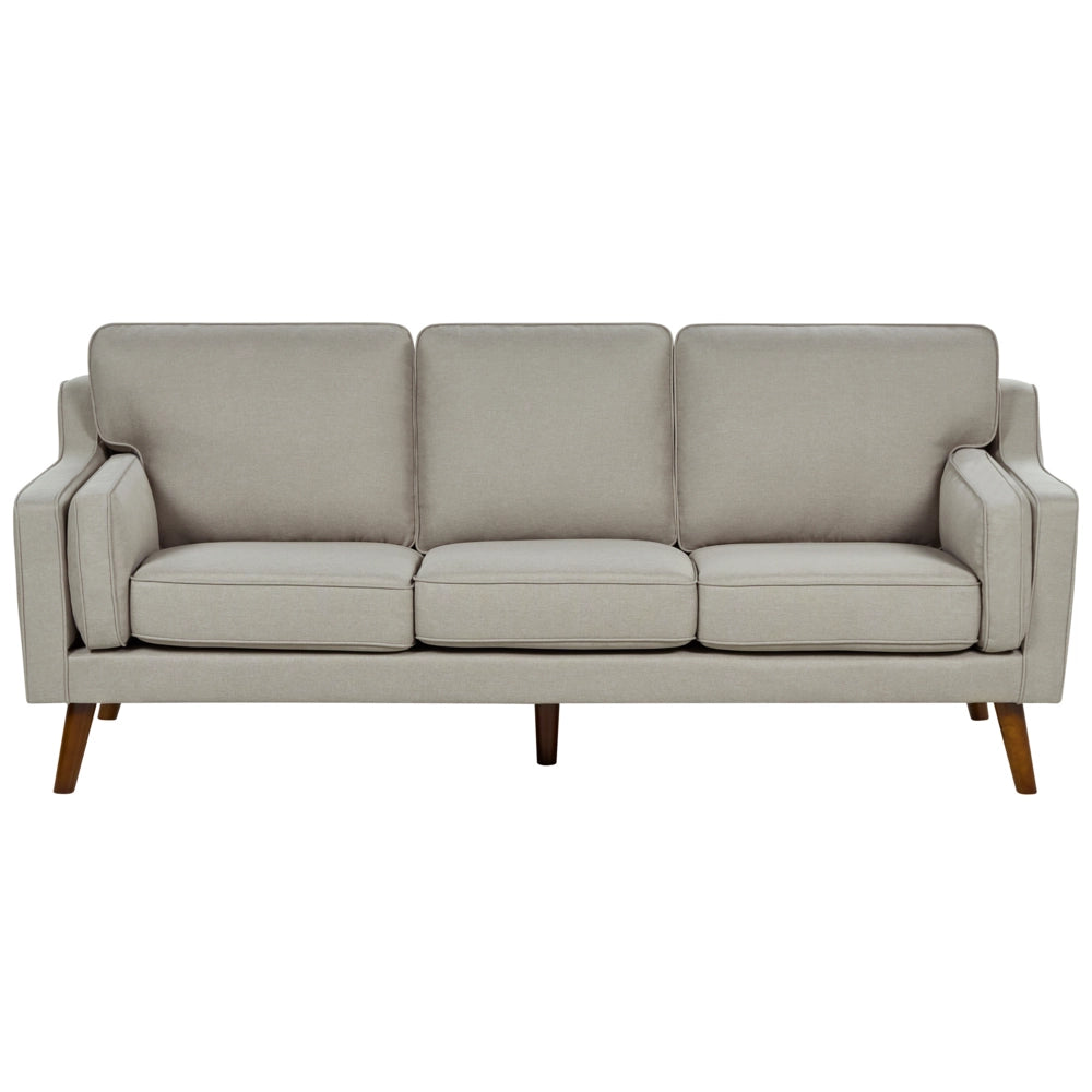 Divano moderno a 3 posti imbottito in tessuto beige e gambe in legno stile classico e moderno