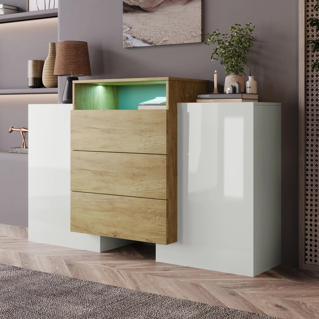 Sideboard moderno - Zephmum - 140cm - Bianco lucido e colore legno - Effetti luce LED multicolore