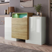 Sideboard moderno - Zephmum - 140cm - Bianco lucido e colore legno - Effetti luce LED multicolore