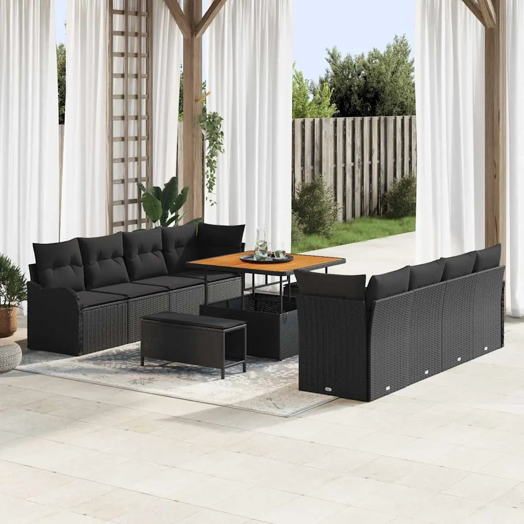 Set Divano da Giardino con cuscino 11 pcs Nero polyrattan