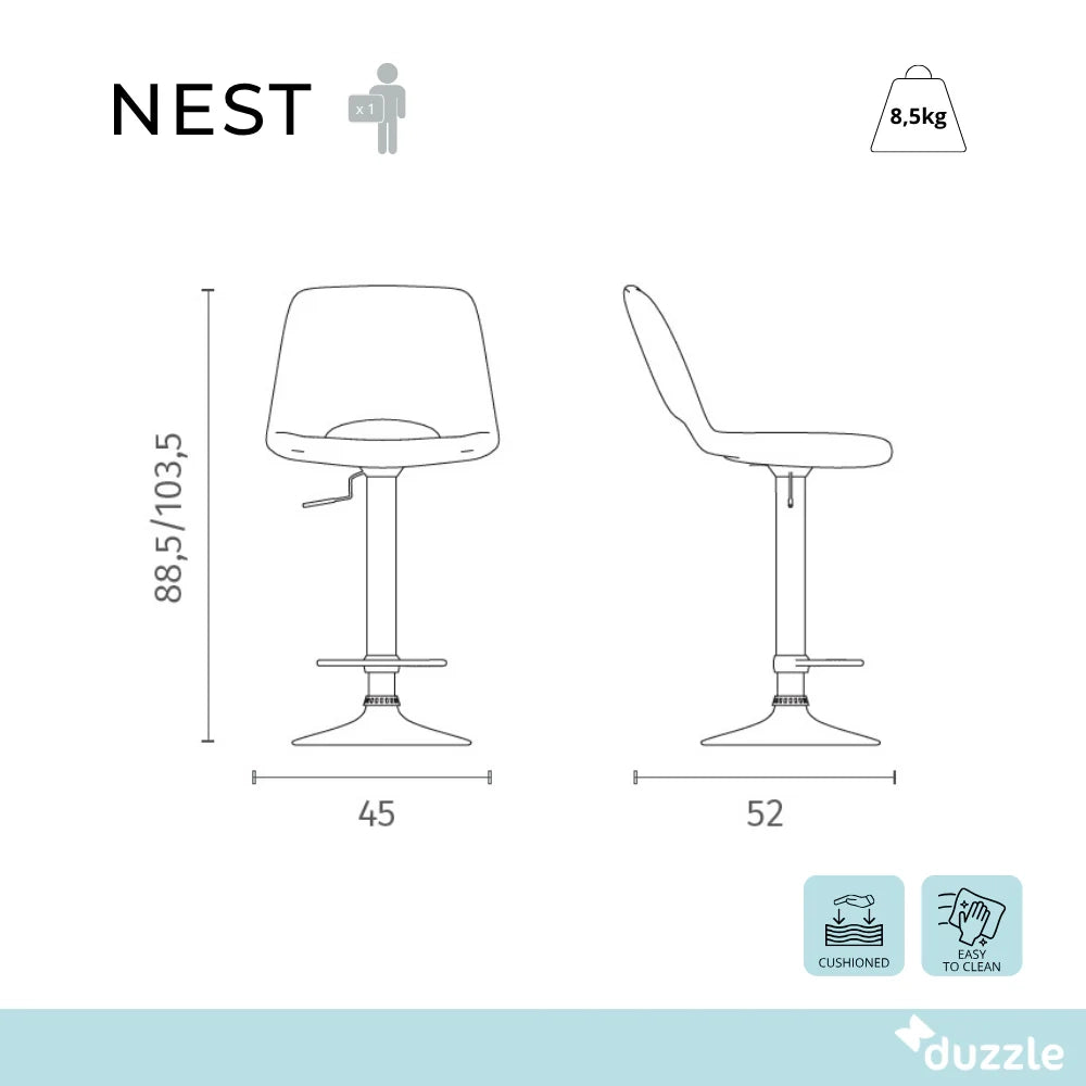 Set di 2 sgabelli da bar e cucina regolabili in altezza in tessuto grigio Nest con struttura in metallo e poggiapiedi | Duzzle