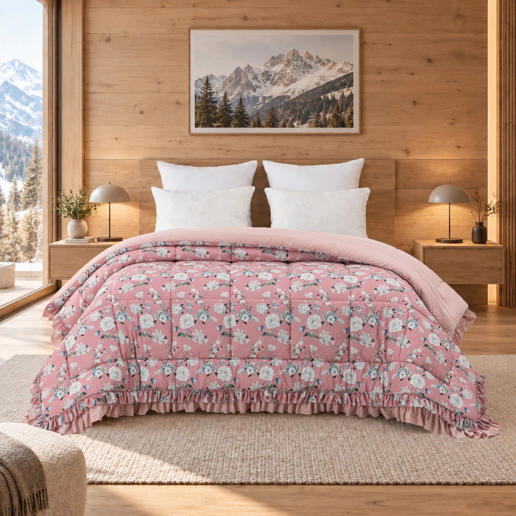 Trapunta Matrimoniale Invernale 2 Piazze 260x260 cm, Imbottitura 320 GSM, Tessuto 100% Poliestere, Trapuntatura a Box, Doppio Volant su 3 Lati, con Elegante Custodia Dis2