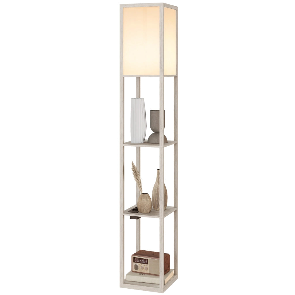 Lampada da Terra con Ripiani e USB ¨C Minimal ¨C Bianco e Rovere